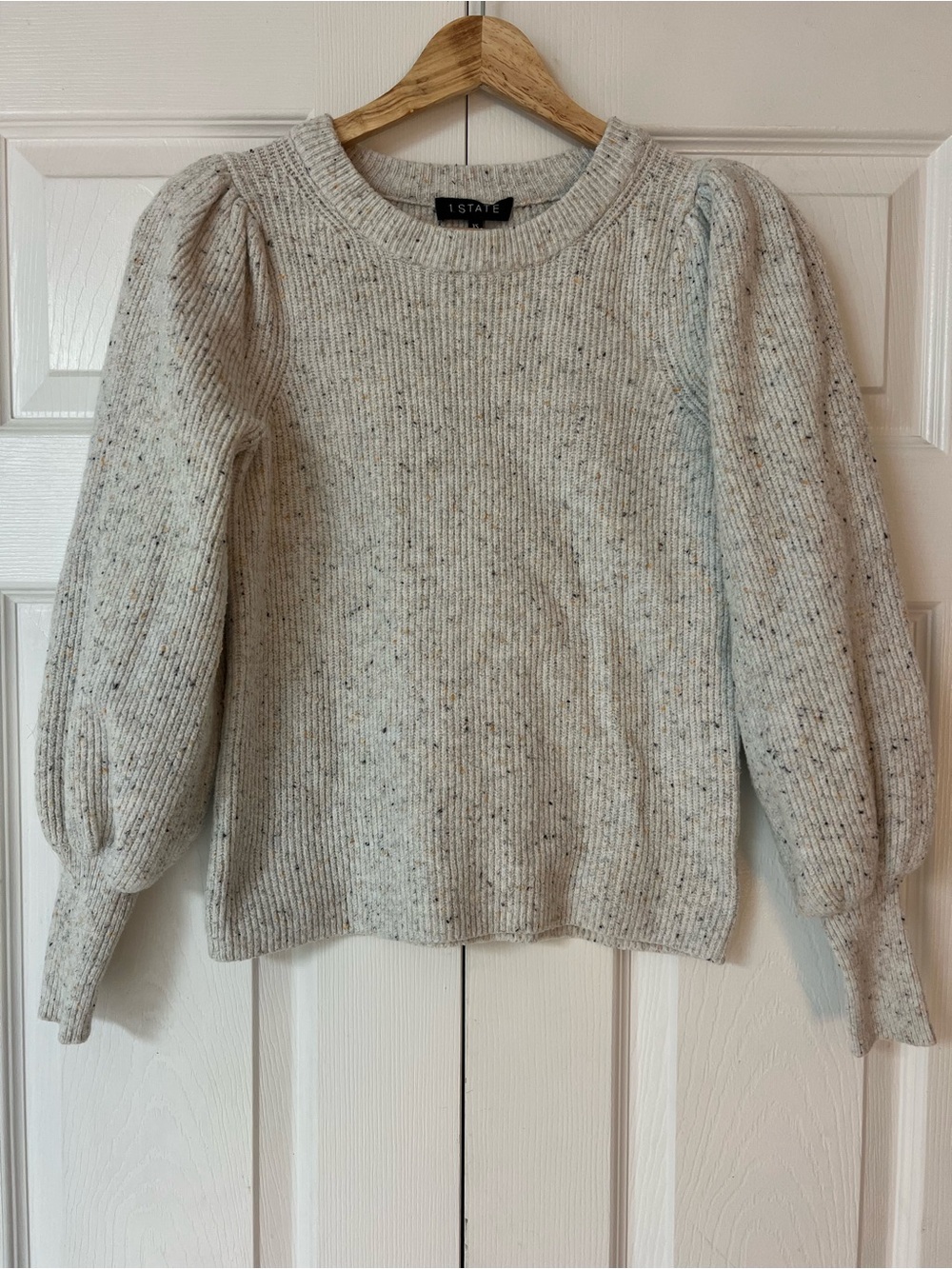 1. State Cream & Grey Flecked Puff-Sleeve Crewneck Sweater